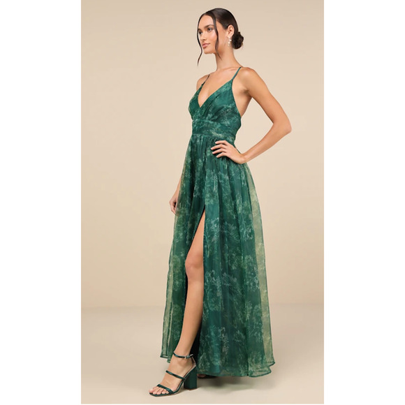 Lulus Romance That Wows Dark Green Floral Print Organza Maxi Dress Size S - Picture 8 of 14